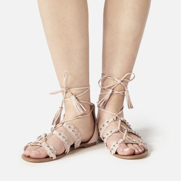 Lace Up Strappy Cut Out Fringe Boho Flat Sandals - Picture 2 of 6